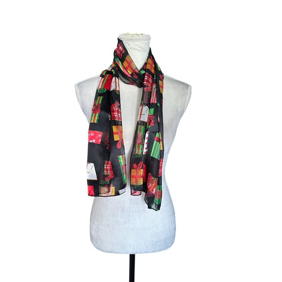 Holiday Gift Box Print Infinity Scarf 60"x13" Lightweight Sheer Satin Shawl - Picture 9 of 10